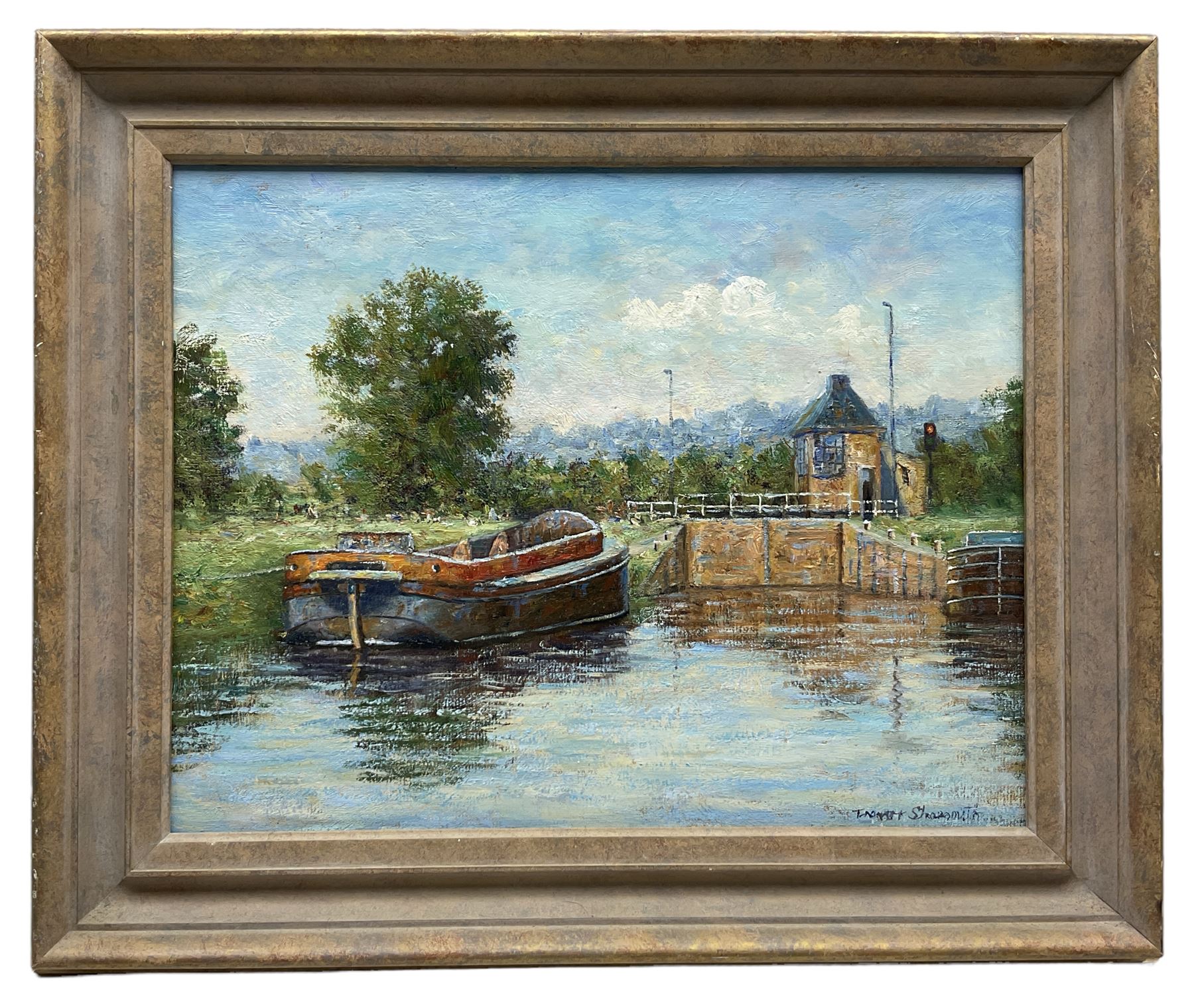 Trevor Shoesmith (British 1944-2011): River Landscape with Boat and Sluice, oil on board signed 29cm x 37cm
