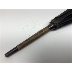 Early 20th century curved horn handle walking stick with hallmarked silver mounts, engraved L Russell 1918, together with a shooting stick by William Mills Birmingham, with leather handle, 'The Featherwaite' shooting stick and an umbrella with wooden handle