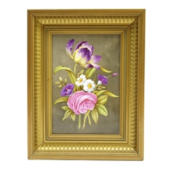  Porcelain plaque painted with still life study of a tulip, roses and other flowers, signed J. Robinson, possibly Rockingham or York China, c1830, 18cm x 13cm   