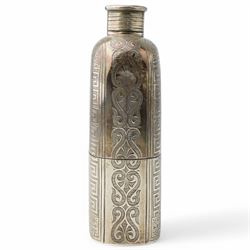 Victorian silver hip flask engraved with scrolls and vacant cartouche within a key pattern border, screw off cap 12cm Birmingham 1862 Maker Henry Hyde Aston