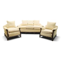 Quality Edwardian carved mahogany lounge suite comprising three-seater settee and pair of ...