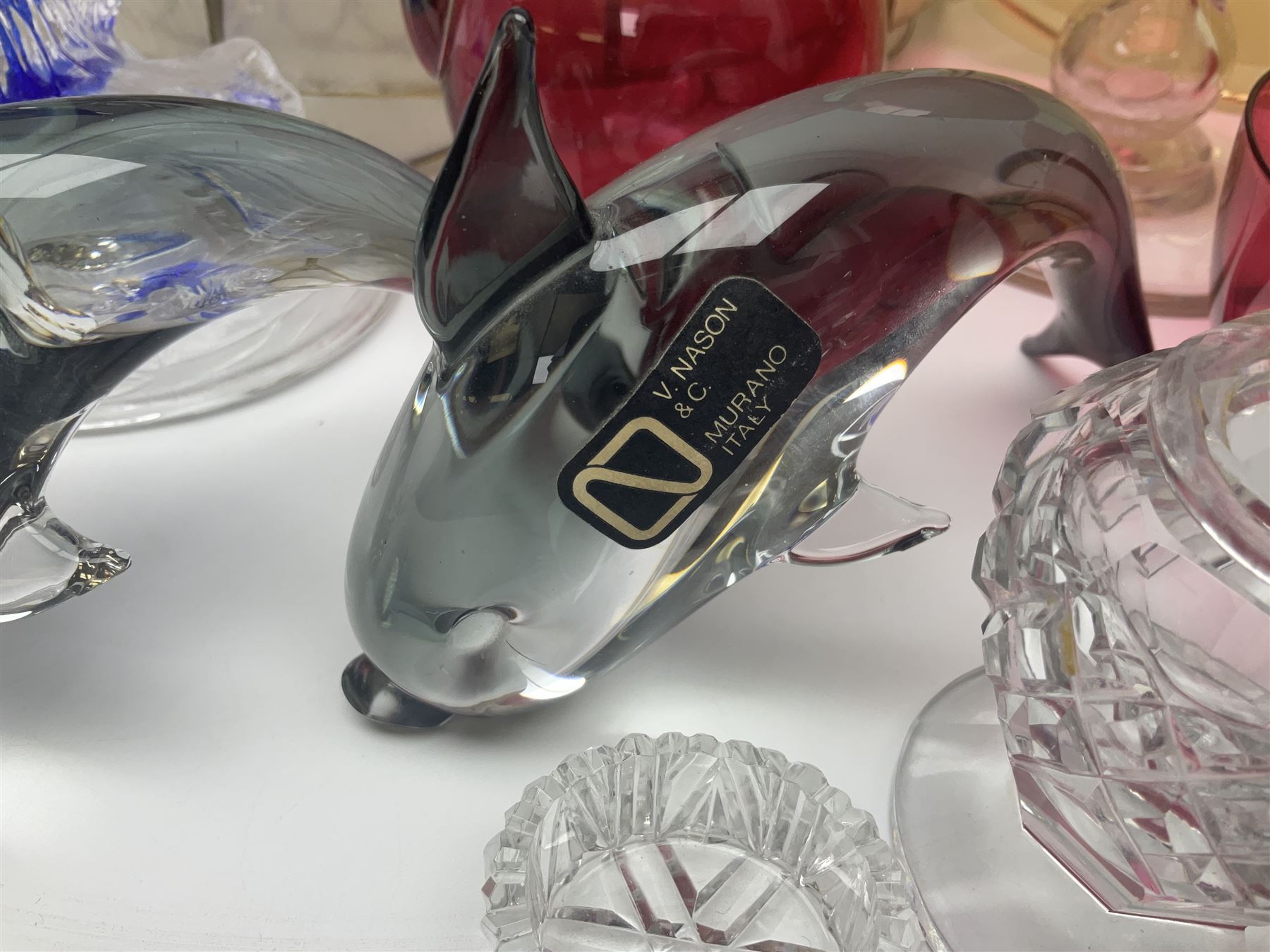 Pair of V Nason & Co murano glass dolphins together with to other glass figures and cranberry glass and lampshades  