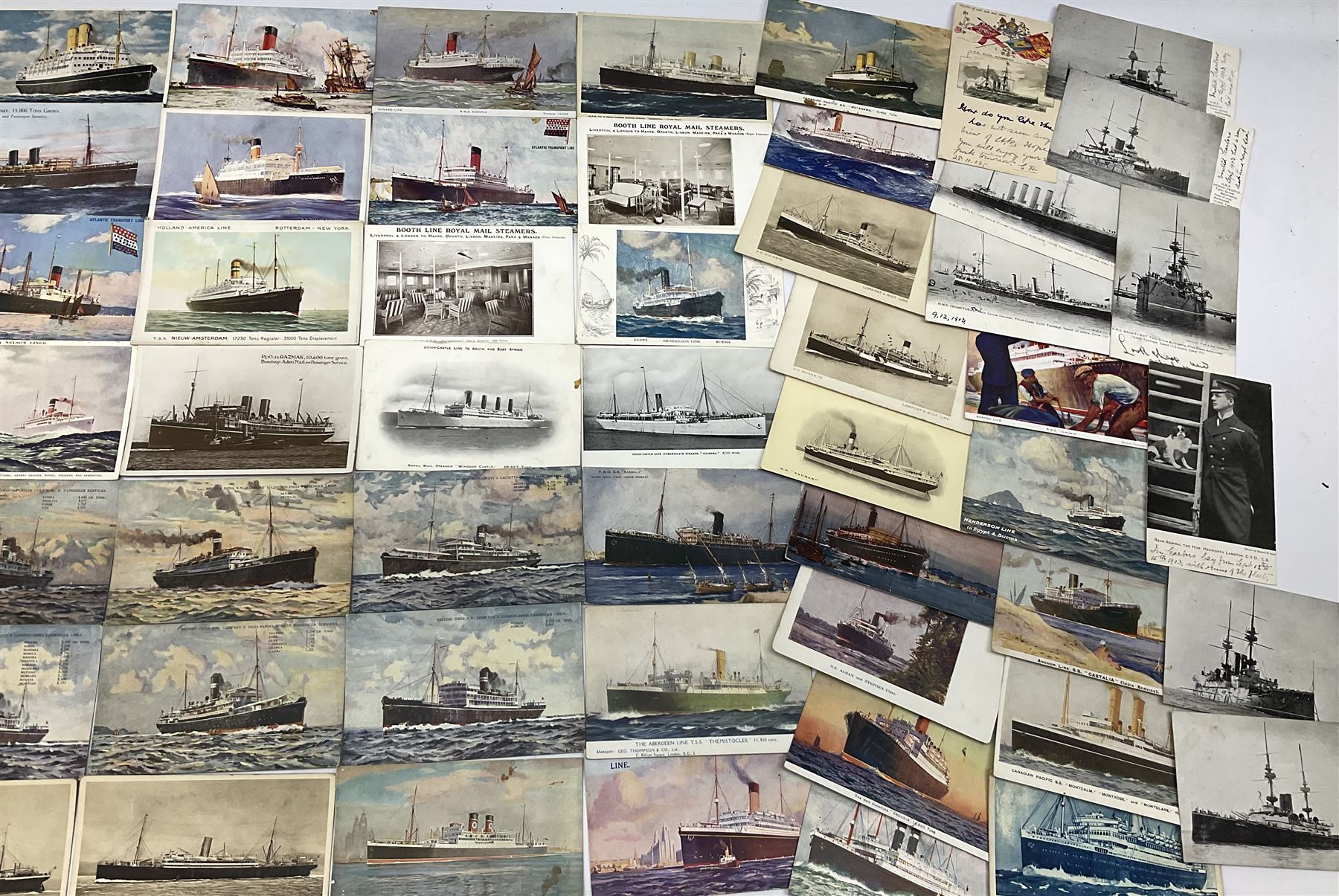 Sixty-five early 20th century postcards of passenger liners including White Star, Red Star, Atlantic Transport, Anchor, Cunard, Henderson, Booth, Union Castle, Holland America, Lamport & Holt, P. & O., New Zealand, Canadian Pacific, British India etc; and ten Edwardian postcards of Naval warships and officers (75)