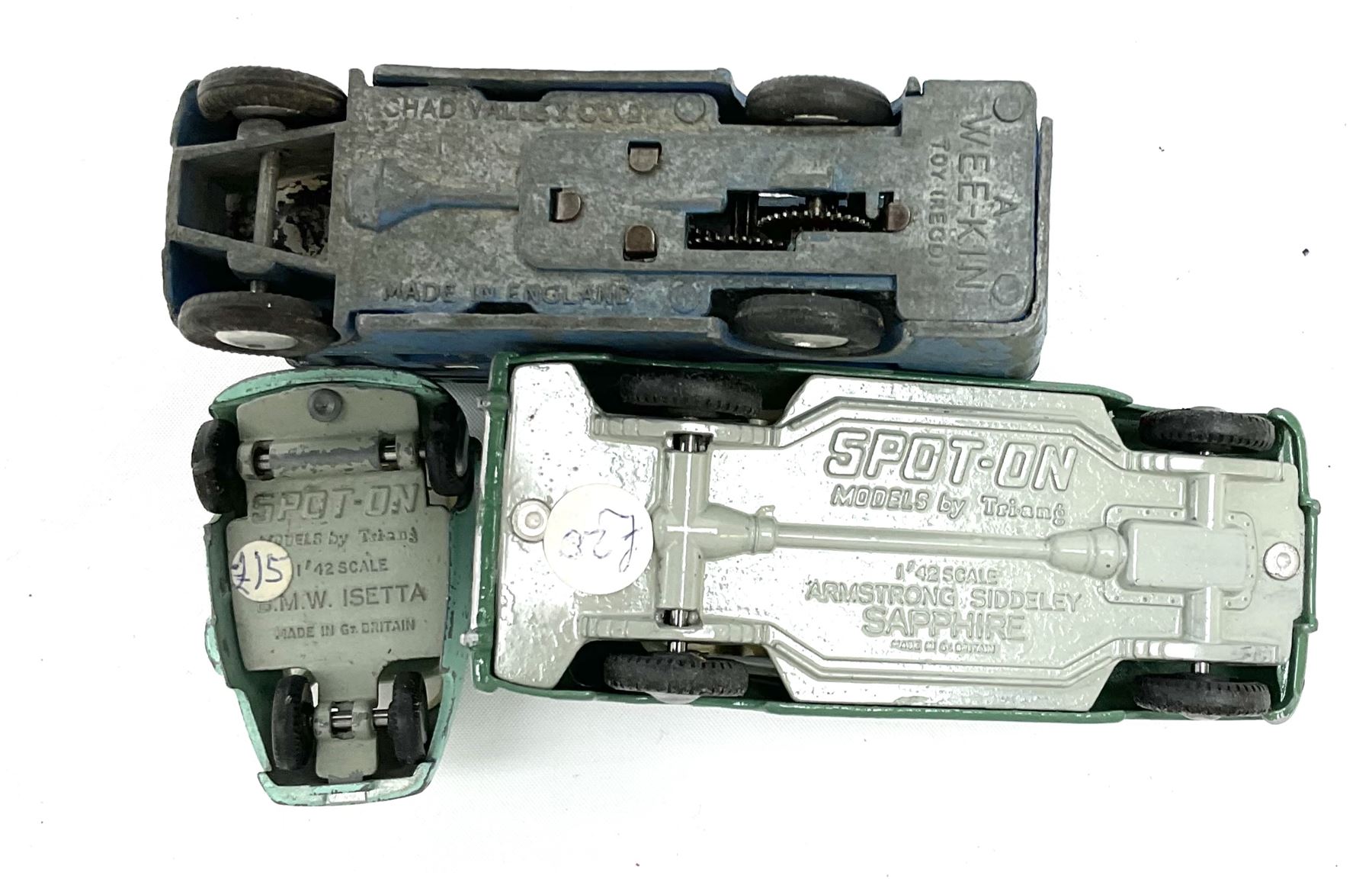 Chad Valley Wee-Kin - six unboxed and playworn clockwork models comprising Milk Tanker; Hillman Minx and another saloon car; Commer Avenger Coach; and two double deck buses; together with Tri-ang Spot-On Armstrong Siddeley Sapphire and BMW Isetta bubble car (8)