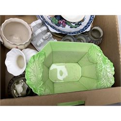 Collection of ceramics to include Bretby jardinière, Royal Worcester, Palissy, Royal Doulton Dickens Ware, Carlton ware, 19th century small dish painted with roses and foliate decoration, lustre, Poole etc in two boxes