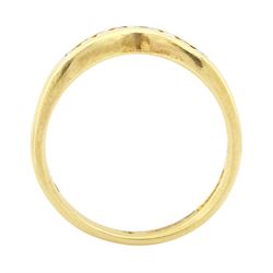 18ct gold diamond wishbone ring, channel set with nine round brilliant cut diamonds, Birmingham 1994, total diamond weight 0.15 carat
