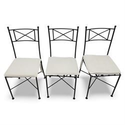 Modern metal and glass conservatory suite, comprising rectangular dining table with clear glass top and six matching metal framed chairs with upholstered seats, together with a matching glass topped coffee table
(Chairs H 92cm, W 42cm, Coffee table H 45cm, W 60cm)