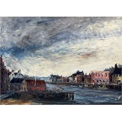 Richard Dimock (British 20th century): 'Whitby Harbour', oil on board, signed titled and dated 1967 verso 54cm x 75cm