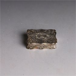 Victorian silver vinaigrette, of typical shaped rectangular form, engraved 'Sincerity' to higned cover bordered by scrolling foliate decoration and with gilt interior, hallmarked Robert Thornton, London 1868
