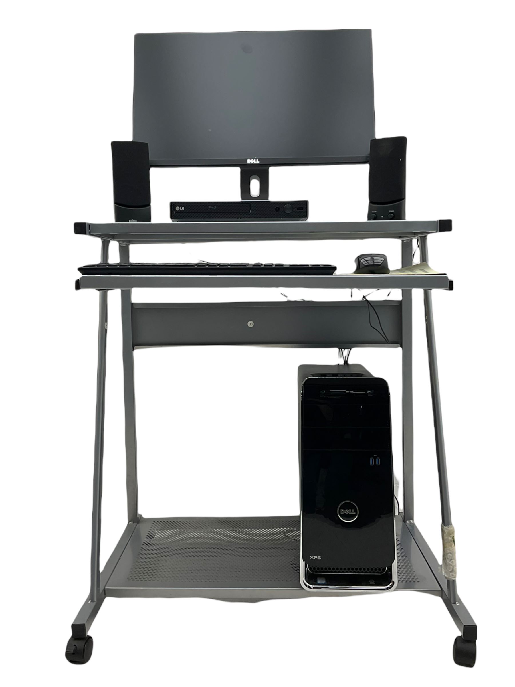 DELL i7 XPS 8900 series computer with monitor and various accessories including: LG BP250 Blu-ray player, SONY floppy disc drive etc. on stand