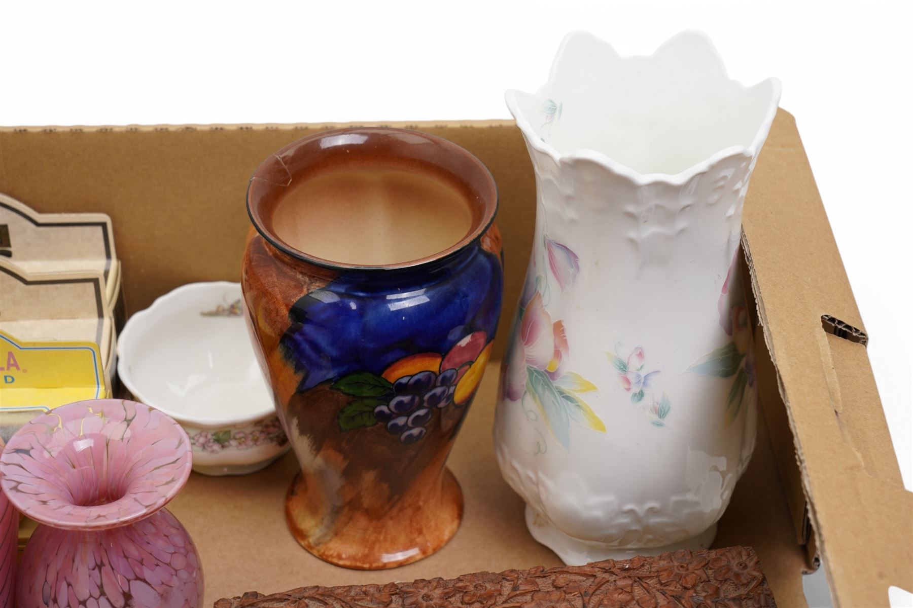 J S Akroyd - Lakeland glass vase, Mdina vase, carved Indian box, costume jewellery and other model vehicles etc