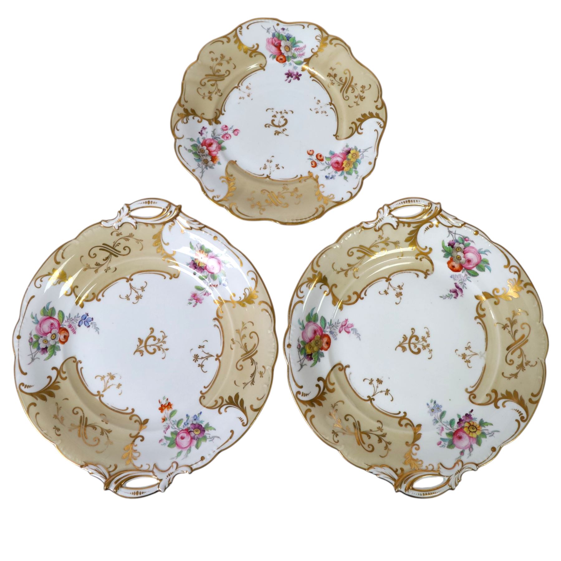 19th century Ridgway tea service, decorated in the 7548 pattern, comprising ten breakfast cups, eleven coffee cups, eleven saucers, tea pot, sucrier and cover, slop bowl, pair of cake plates and further example, a number with printed marks beneath, some with painted iron red pattern number beneath 