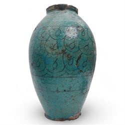 12th to 13th century impressive Persian Kashan fritware or stonepaste pottery storage jar or vase of ovoid form, decorated in dark indigo under a turquoise glaze with a series of horizontal lines and repeating looped shapes to the body, on everted footed base, H39cm
Provenance: this vase was reputedly unearthed in the late 19th century in Egypt by Lord William Amherst (1835-1909), an English diplomat, colonial administrator, antiquarian collector and patron of excavations in Egypt. Lord Amherst is best known for his close association with Howard Carter, the archaeologist who later uncovered the tomb of Tutankhamun. The Kashan vase was then passed down through direct family descent via Amherst's daughter, Geraldine, to the current vendor.