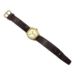 Rone Sportsmans 9ct gold manual wind wristwatch, Birmingham 1951, on brown leather strap