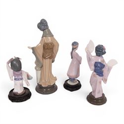 three Lladro figures, comprising Oriental Dancer 6230, Japanese with Fan 4991, Asian Boy 6188 and a Nao figure Mother and Child   