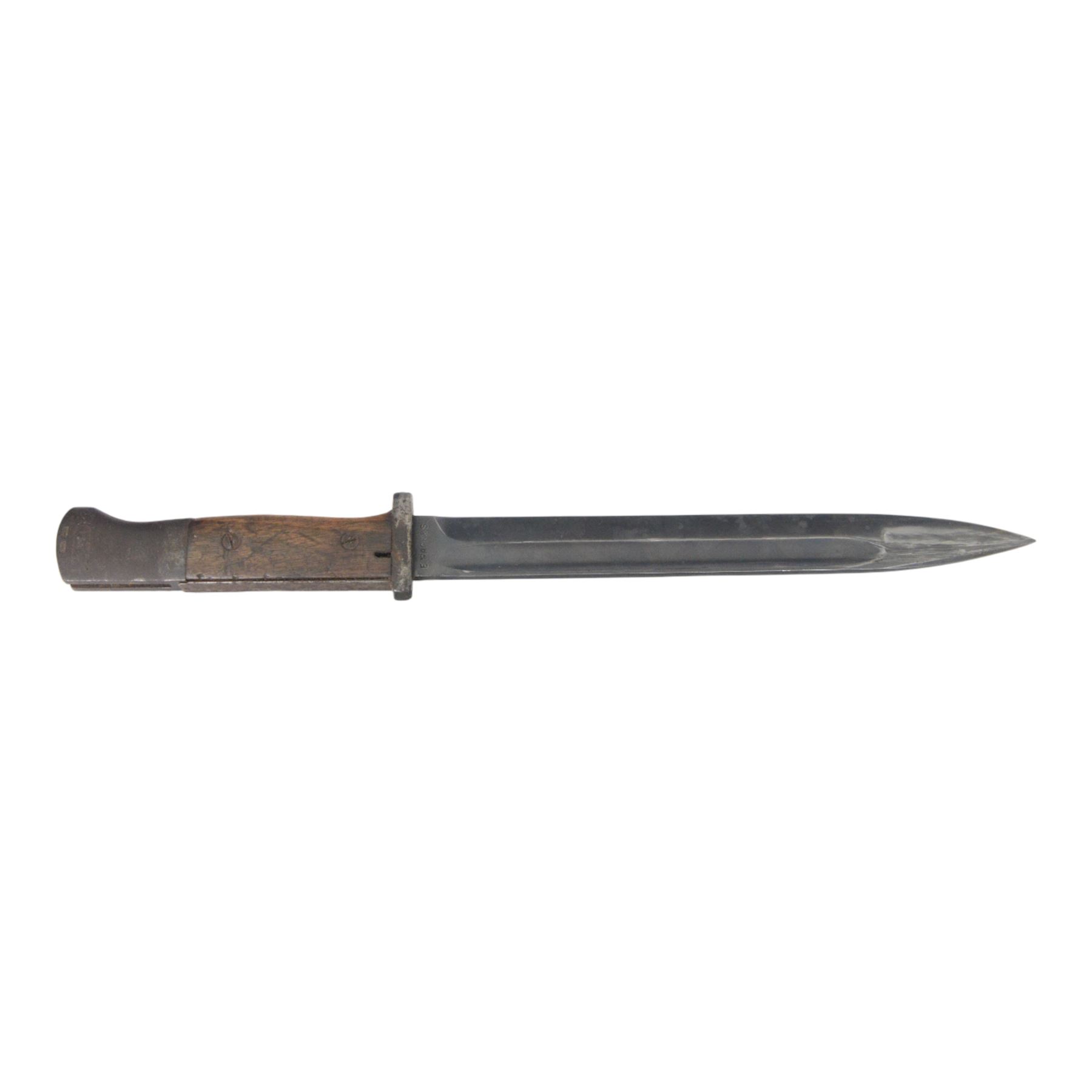 German K98 bayonet, by E Pack & Sohne, the 25cm blade stamped to the ricasso 6442, E Pack & S, in steel scabbard also marked 6442, with leather frog, overall L41cm