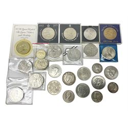King George VI 1937 crown coin, various commemorative crowns, Queen Elizabeth II Canada 1957 and 1959 fifty cent coins, four Great British five pound coins, United States of America 1964 half dollar etc