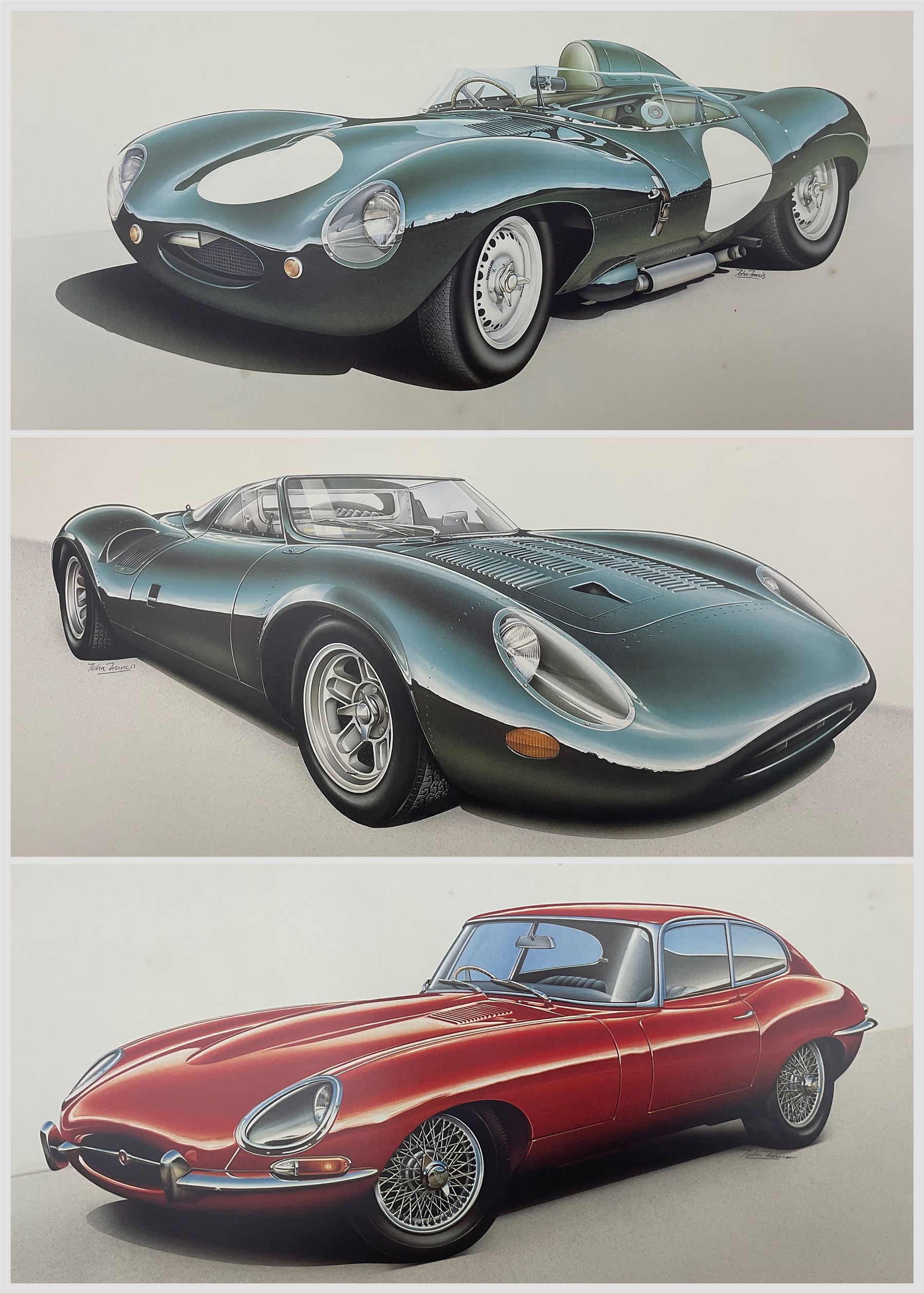 Three limited edition Jaguar prints with certificates, 'Jaguar E-Type' numbered 037, 'Jaguar D-Type' numbered 425, and 'Jaguar XJ13' numbered 425, signed Stirling Moss, Norman Dewis and John Francis and numbered in pencil unframed 47cm x 61cm

