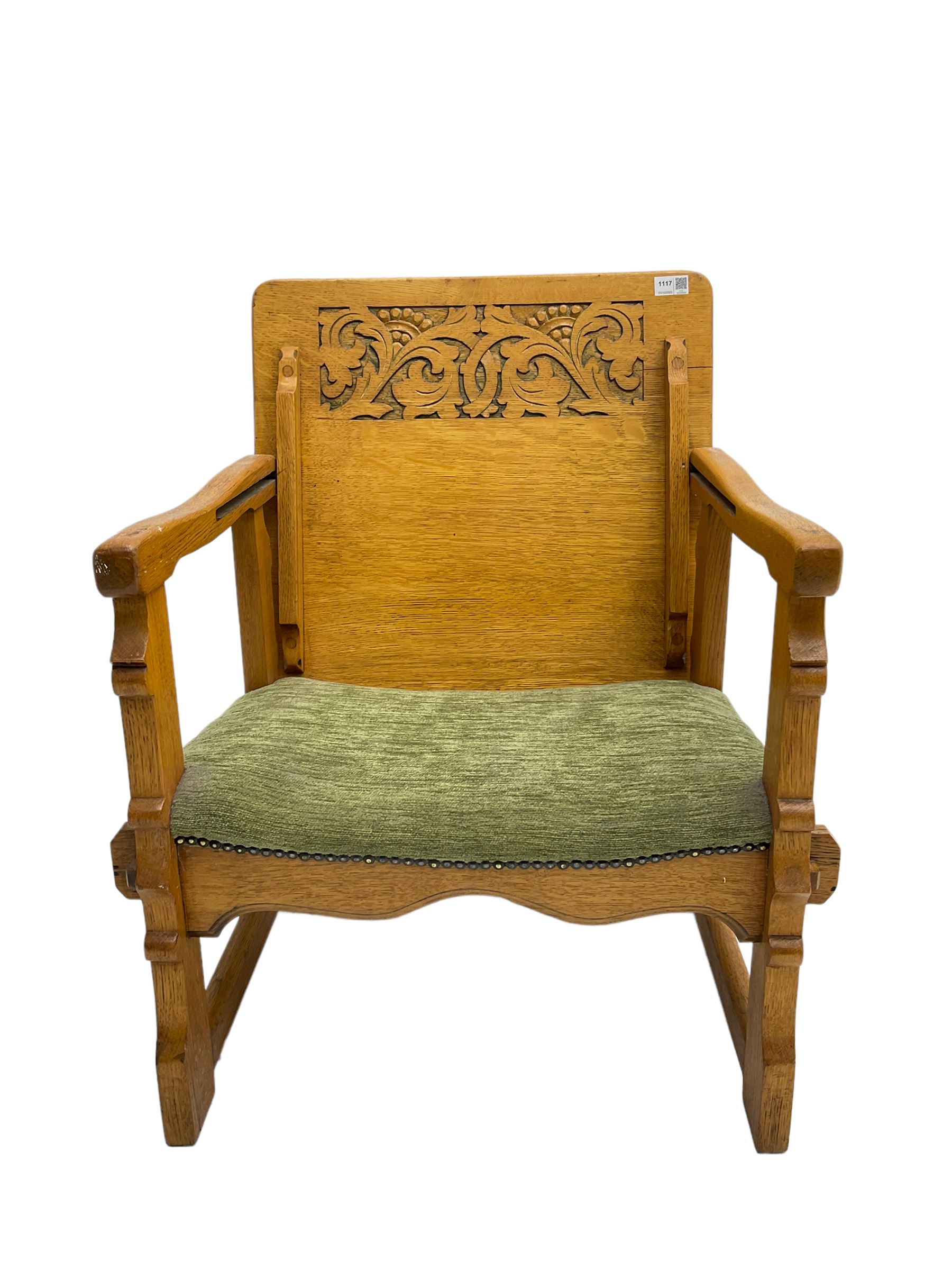 Mid20th century oak metamorphic table chair, the hinged and side back