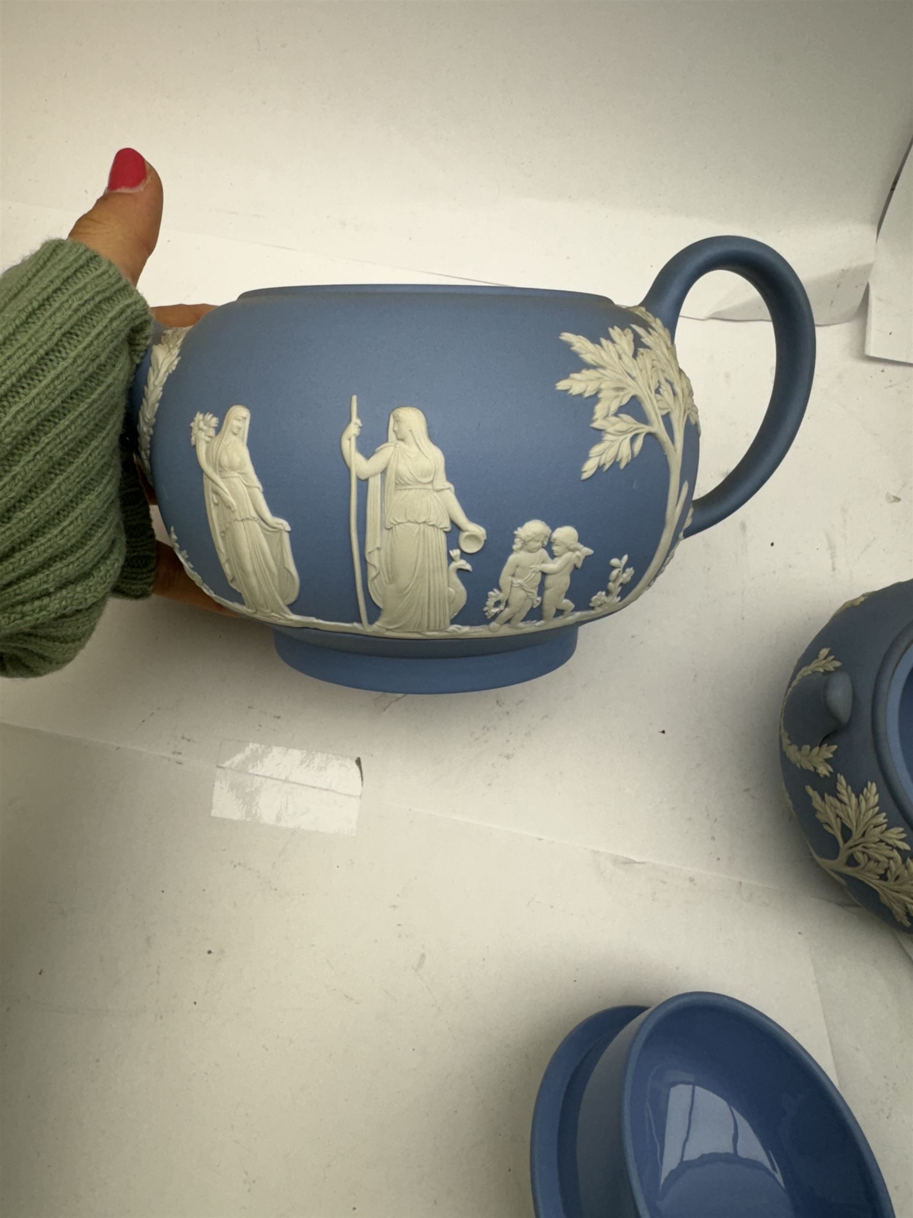 Wedgwood Jasperware tea and coffee wares, comprising teapot, coffee pot, milk jug, covered sucrier, coffee can and saucer and teacup and saucer 