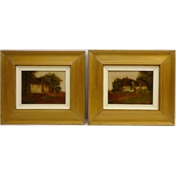  Figure Outside a Country Thatched Cottage, pair 19th century oils on canvas indistinctly signed 17cm x 22cm (2)  