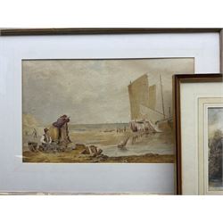 Two original watercolours, one indistinctly signed Frank *, framed print of sheep and three engravings (6)