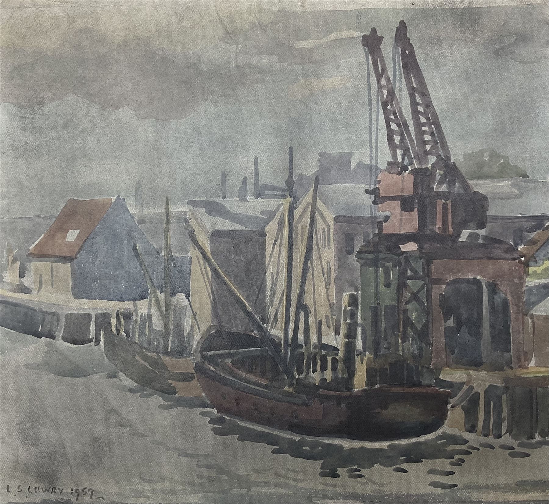 After Laurence Stephen Lowry RBA RA (Northern British 1887-1976): The Shipyard, watercolour bearing signature and dated 1959, with similar watercolour verso 28cm x 30cm (unframed)