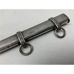 Late WW2 German Army Officers dress dagger, with unmarked 25cm double edged steel blade, orange celluloid grip, pommel and ferrule with oakleaves relief and cross guard with eagle; in original beaded scabbard with two hanging rings L39.5cm overall