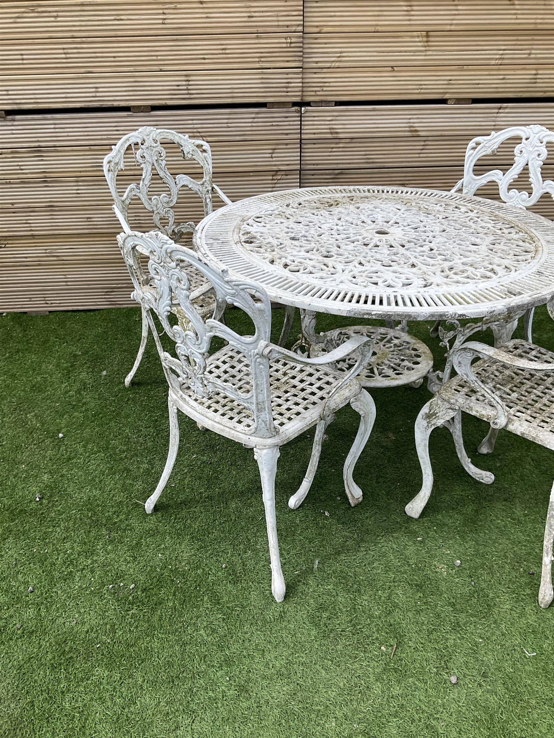Victorian style cast aluminium white painted garden table and four chairs - THIS LOT IS TO BE COLLECTED BY APPOINTMENT FROM DUGGLEBY STORAGE, GREAT HILL, EASTFIELD, SCARBOROUGH, YO11 3TX