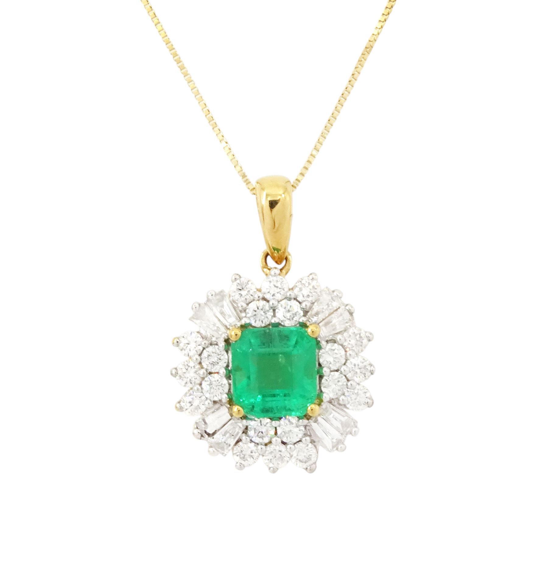 18ct gold Colombian emerald and diamond cluster pendant by Iliana, single octagonal cut emerald of 1.65 carat, surrounded by two rows of twenty round brilliant cut diamonds, spaced by eight tapered baguette cut diamonds, hallmarked, total diamond weight 0.96 carat