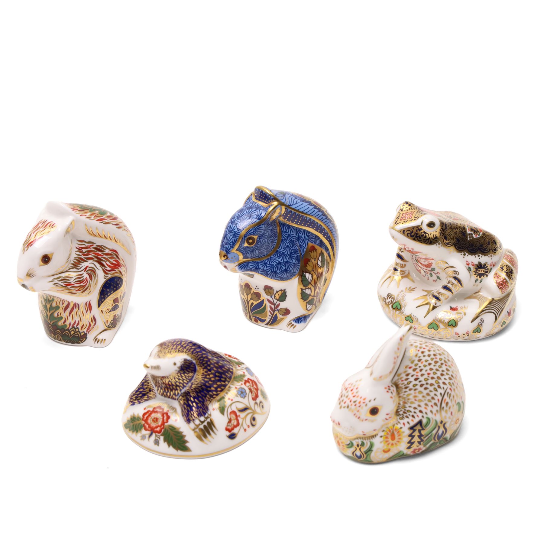 Five Royal Crown Derby paperweights Rowsley Rabbit limited edition 492/500 with certificate, Stoney Middleton  Squirrel, Old Imari Frog limited edition 1512/4500 with certificate, Debenhams Squirrel, and Mole all with silver stoppers