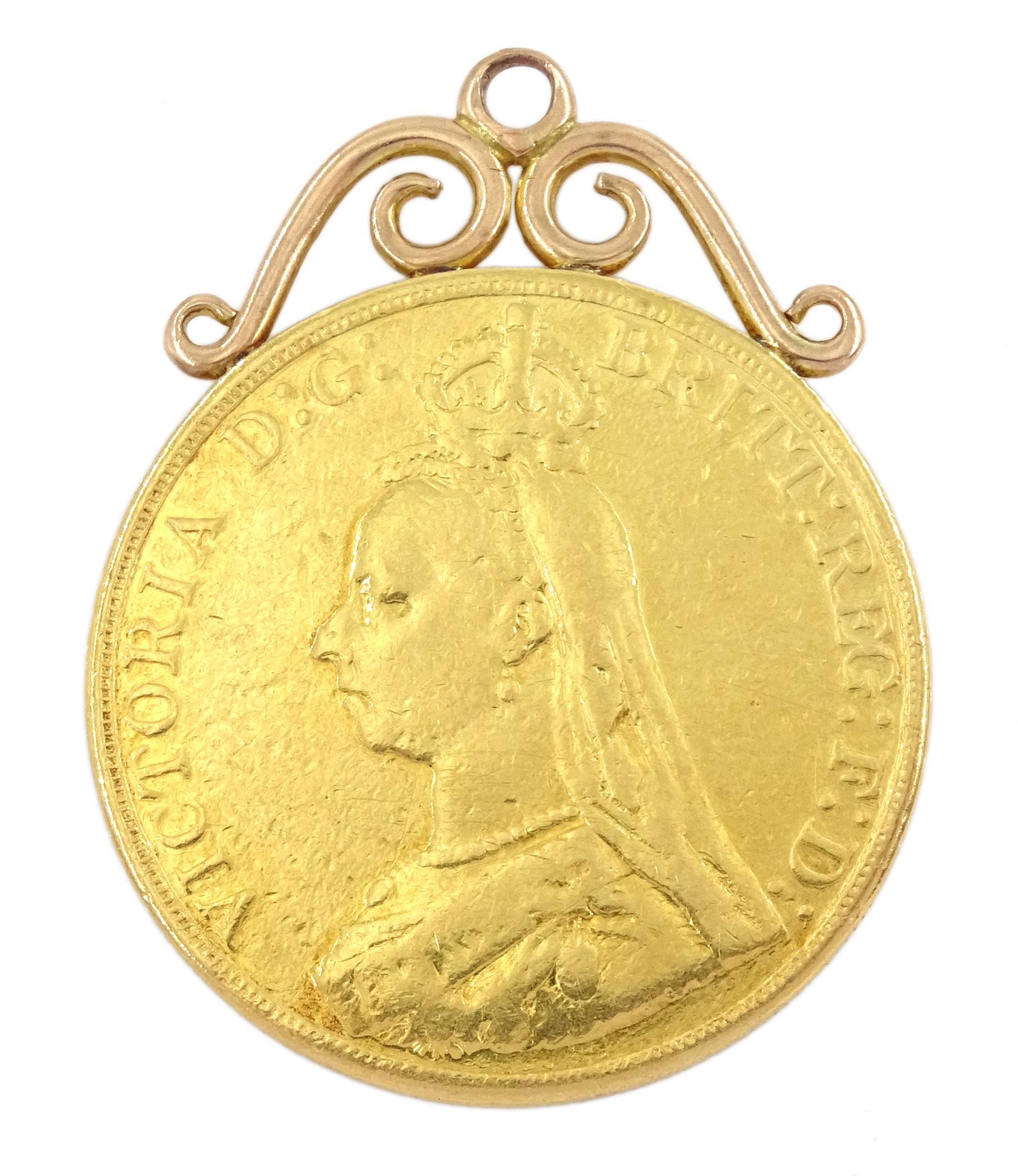 Queen Victoria 1887 gold five pound coin, with soldered 9ct rose gold pendant mount