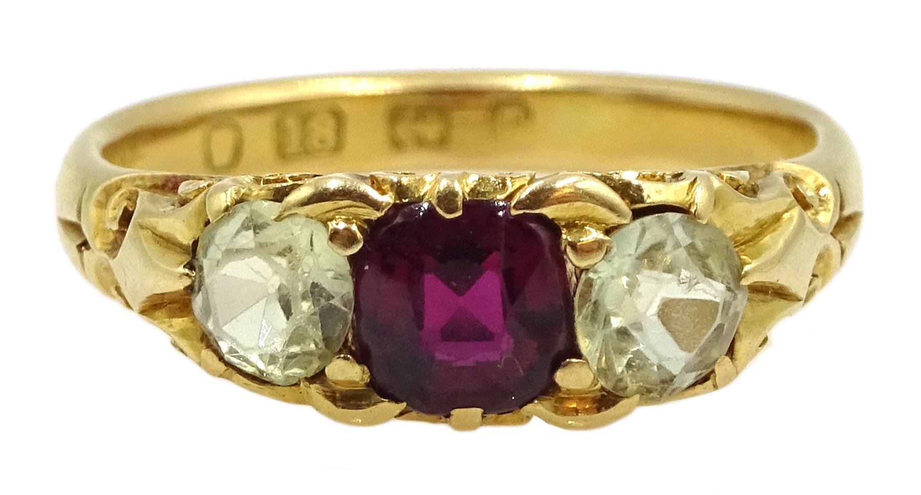 Victorian 18ct gold three stone cushion cut ruby and round chrysoberyl ring, hallmarked