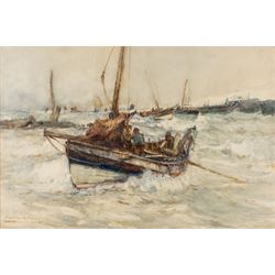 Frank Henry Mason (Staithes Group 1875-1965): 'A Perilous Coble', watercolour laid on to c...