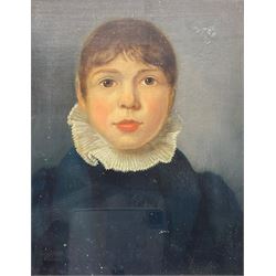 English School (Early 19th century): Portrait of 'Thomas Shepherd Noble' as a Young Boy, oil on canvas unsigned, inscribed verso 29cm x 23cm 
Notes: Noble, born in Northallerton on 3rd March 1826 to John and Hannah Noble, married Amelia Winifred Anderson 1850 in York. He is recorded as working as a Attorney of Law and Solicitor in Chancery, living in Gillygate, York in 1861 with wife Amelia & children, then later as a widower at Precentors Court, York in 1901. He died on 15th June 1910.