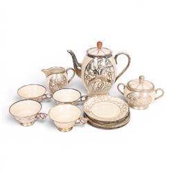 Jacob Hertel Bavarian tea service, decorated with silvered overlay of birds in foliage, co...