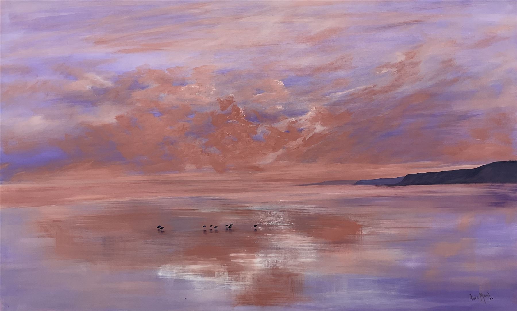 Alice Maw (British 1942-):  ‘Heavenly Sky - South Bay Scarborough’, acrylic on canvas signed, titled verso 92cm x 153cm (unframed)