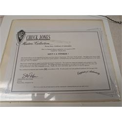 Limited edition 1993 Warner Bros animation art cel 'Ain't I A Stinker' signed by Chuck Jones, depicting Bugs Bunny drawing Daffy Duck,  limited edition 172/500, with Certificate of Authenticity, framed and glazed, frame H46cm