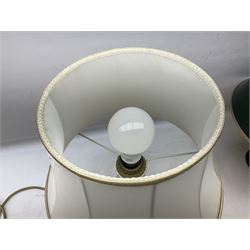 Italian ceramic table lamp decorated with geometric green and black pattern on white ground with gilt metal square plinth base, together with a green and black marbled effect lamp by Holkham pottery, both with shades, tallest H47 incl shade