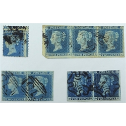  Queen Victoria 2d blue imperforate stamp block of three, two blocks of two and a 2d blue perf miss cut/aligned stamp  