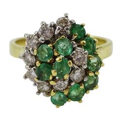 18ct gold round brilliant cut diamond and emerald cluster ring, stamped