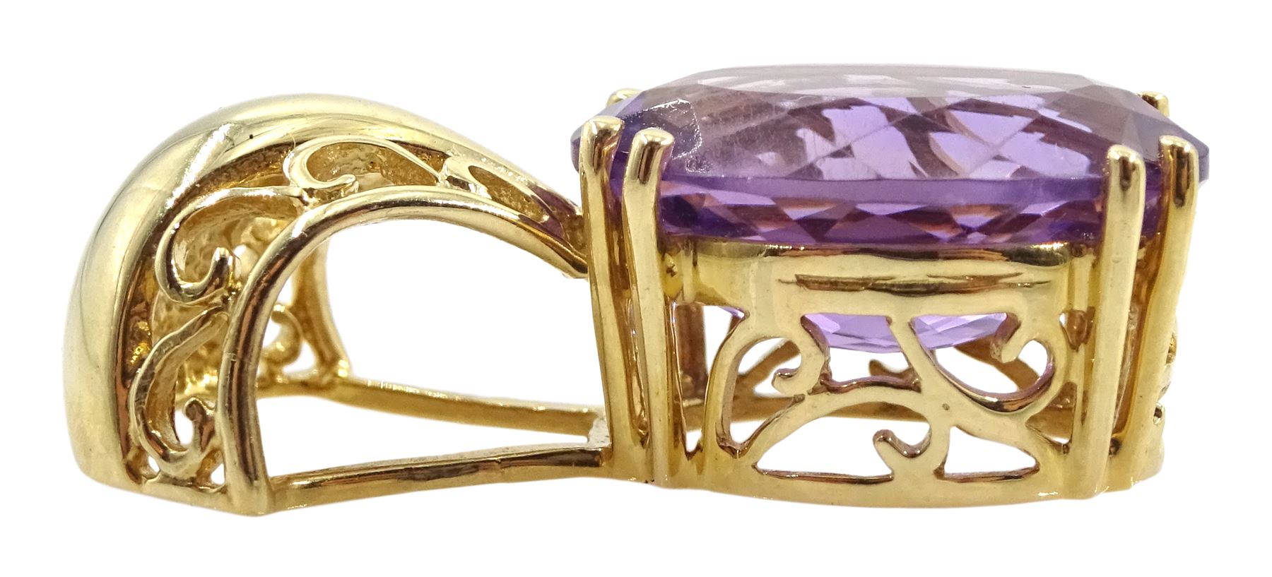 9ct gold pear shaped amethyst and eight stone flamingo topaz ring and a 14ct gold amethyst pendant with openwork mount, both hallmarked 