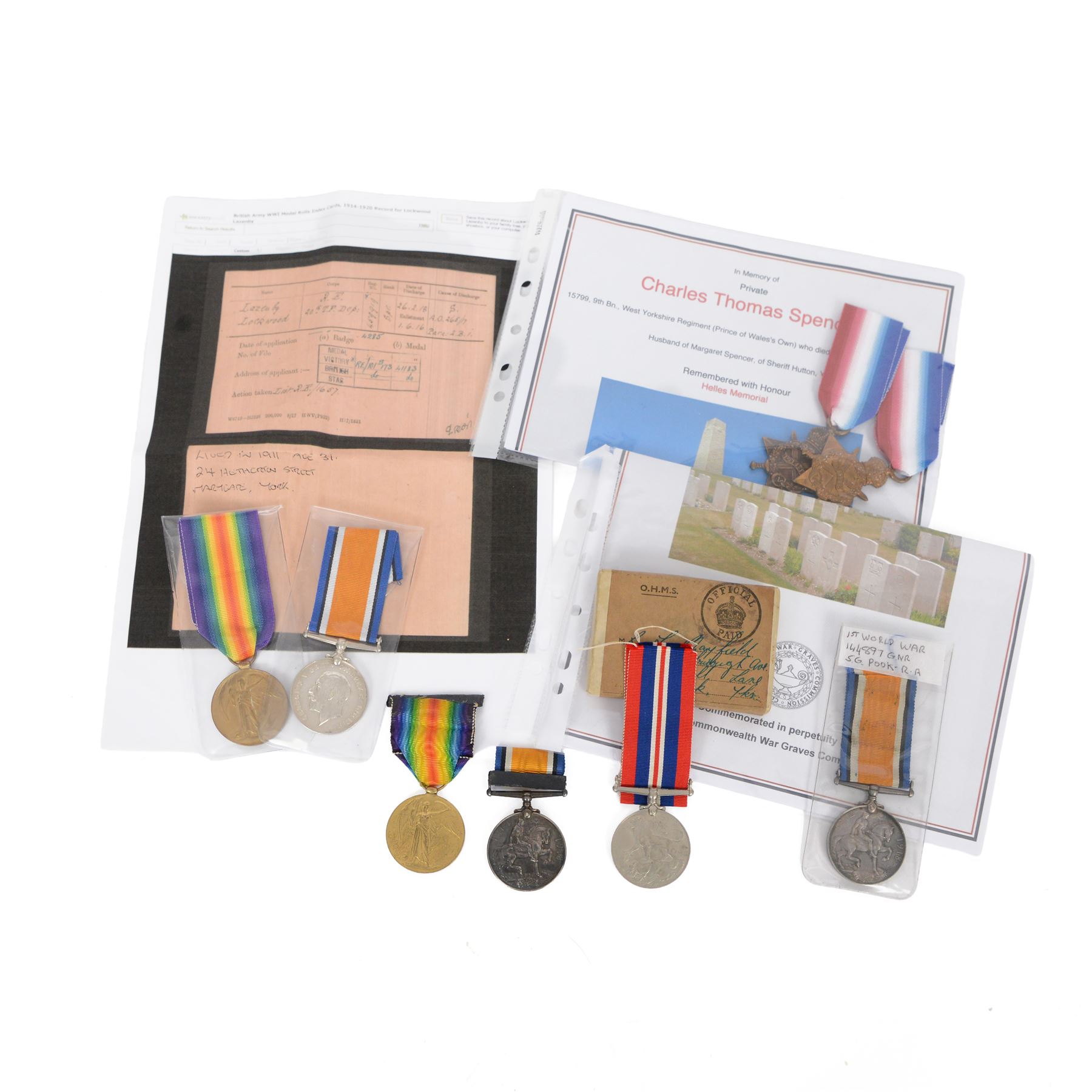 WWI medal pair, awarded to H.J Mayfield and WWII War medal, awarded to R L Mayfield, together with WWII medal pair awarded to L. Lazenby, two 1914-1915 stars, and WWI War medal all awarded to soldiers from York 