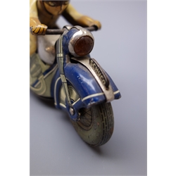  Schuco Mirakomot 1012 clockwork tin-plate motorcycle in blue and grey with brown No.6 rider, made in US Zone, unboxed with key  