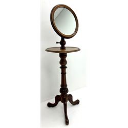 Victorian mahogany shaving stand, adjustable circular raised mirror over circular under tier, the turned and fluted column with egg and dart carved decoration, three out splayed scroll carved supports
