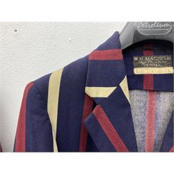 1920's vintage navy, cream and burgundy striped Oundle school blazer, the label detailed 'W R Maddison High Class Tailor Oundle', together with two later vintage  Leeds Girls High School khaki green and Scarborough College burgundy wool blazers, (3)