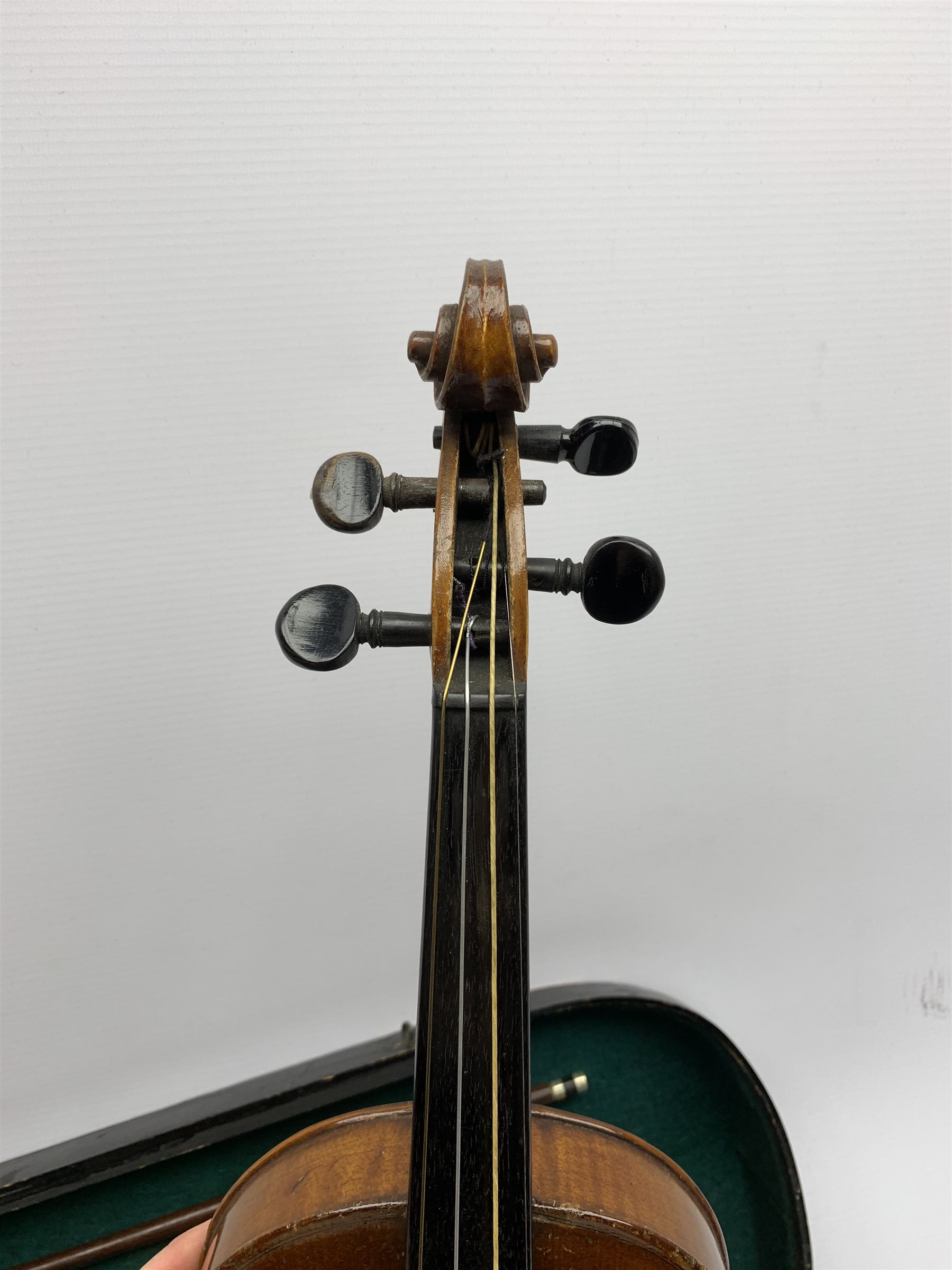 John Murdoch & Co. 'The Maidstone' three-quarter size violin with 33.5cm two-piece maple back and ribs and spruce top, bears label, 55cm overall, in original ebonised wooden 'coffin' case with two bows 