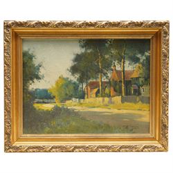William Bagnall Gelder (British 1869-1929): Country Lane with Houses, oil on canvas signed 29cm x 39cm; English School (Early 20th century): Ploughing the Field, oil on panel unsigned 25cm x 36cm (2)