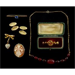 Victorian and later jeweller including gold bow pendant with clip, pair of gold cufflinks and two stone set brooches, all 9ct, gilt turquoise heart pendant, cherry amber type necklace and a silver cameo brooch
