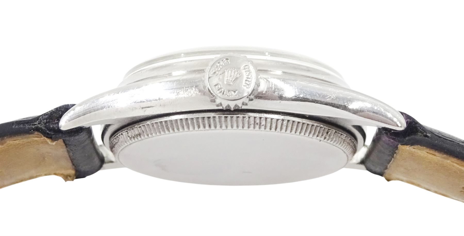 Rolex Oyster Royal gentleman's stainless steel manual wind wristwatch, circa 1951, Ref. 6044, serial No. 720560, on black leather strap